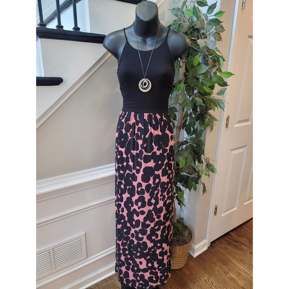 Loft Maxi Dress Women's Size Small Black Pink Scoop Neck Sleeveless Stretchy - Picture 2 of 11